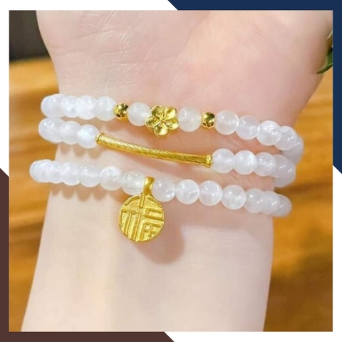 Vòng thạch anh trắng mix charm vàng 24k mã AC2480