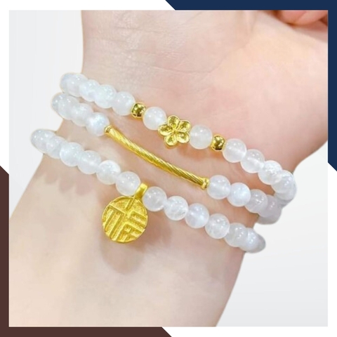 Vòng thạch anh trắng mix charm vàng 24k mã AC2480