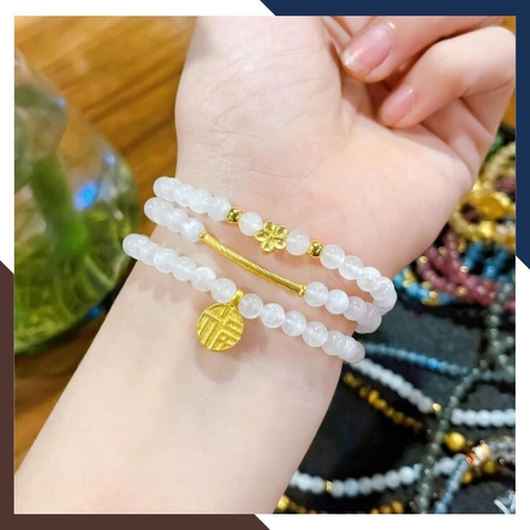 Vòng thạch anh trắng mix charm vàng 24k mã AC2480