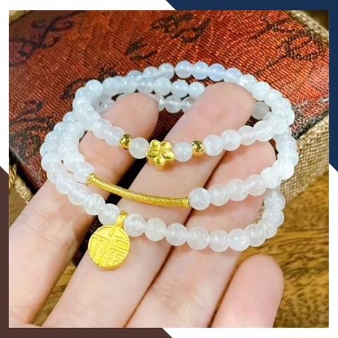 Vòng thạch anh trắng mix charm vàng 24k mã AC2480