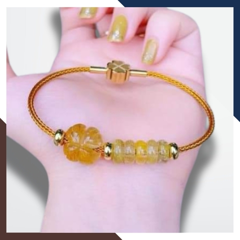 Vòng tay cỏ 4 lá mix ngũ điếu đá thạch anh tóc vàng cho nữ mệnh thổ mã AC0350