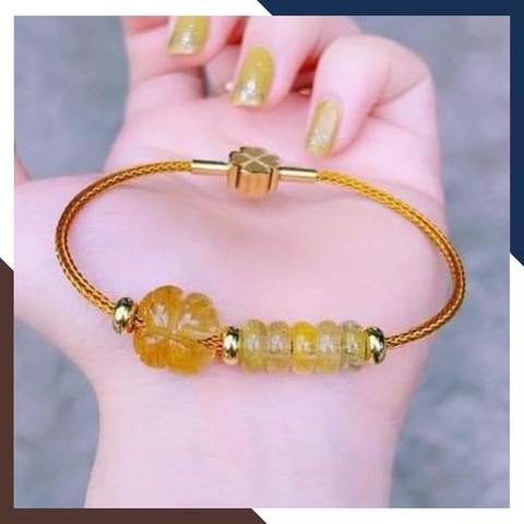 Vòng tay cỏ 4 lá mix ngũ điếu đá thạch anh tóc vàng cho nữ mệnh thổ mã AC0350