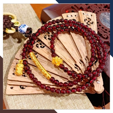 Vòng tay đá garnet ngọc hồng lựu đỏ mix charm vàng 24k mã AC2830