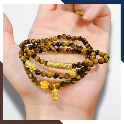 Vòng tay đá mắt hổ vàng nâu mix charm vàng 24k mã AC1890