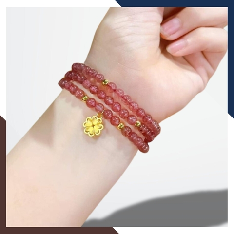 Vòng thạch anh dâu tây hồng mix charm vàng 24k mã AC269135