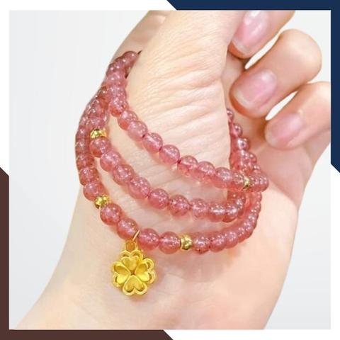 Vòng thạch anh dâu tây hồng mix charm vàng 24k mã AC269135