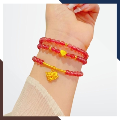 Vòng thạch anh dâu tây hồng mix charm vàng 24k mã AC269135