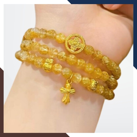 Vòng thạch anh tóc vàng mix charm vàng 24k mã AC3970