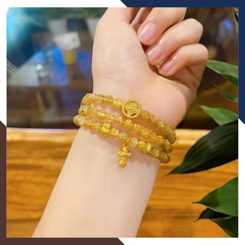 Vòng thạch anh tóc vàng mix charm vàng 24k mã AC3970