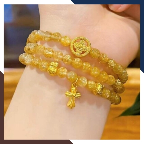 Vòng thạch anh tóc vàng mix charm vàng 24k mã AC3970