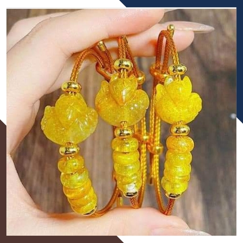 Vòng tay hồ ly mix ngũ điếu đá thạch anh tóc vàng cho nữ mệnh thổ mã AC0370