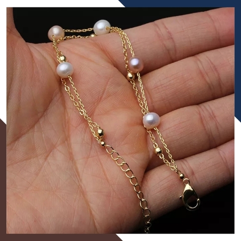 Vòng tay ngọc trai 2 vòng, lắc tay 2 dây bạc mạ vàng đính ngọc trai thật đẹp cho nữ mã 78AC240