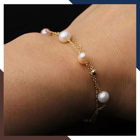 Vòng tay ngọc trai 2 vòng, lắc tay 2 dây bạc mạ vàng đính ngọc trai thật đẹp cho nữ mã 78AC240