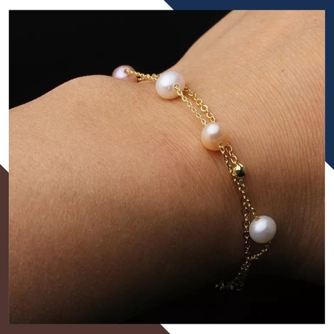 Vòng tay ngọc trai 2 vòng, lắc tay 2 dây bạc mạ vàng đính ngọc trai thật đẹp cho nữ mã 78AC240