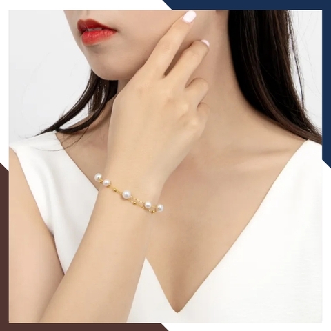 Vòng tay ngọc trai 2 vòng, lắc tay 2 dây bạc mạ vàng đính ngọc trai thật đẹp cho nữ mã 78AC240