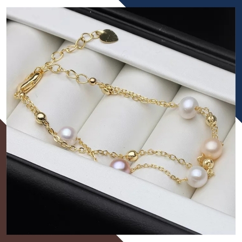 Vòng tay ngọc trai 2 vòng, lắc tay 2 dây bạc mạ vàng đính ngọc trai thật đẹp cho nữ mã 78AC240