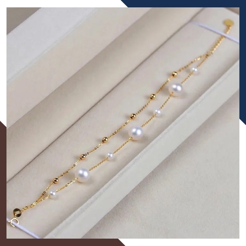 Vòng tay ngọc trai 2 vòng, lắc tay 2 dây bạc mạ vàng đính ngọc trai thật đẹp cho nữ mã 78AC240