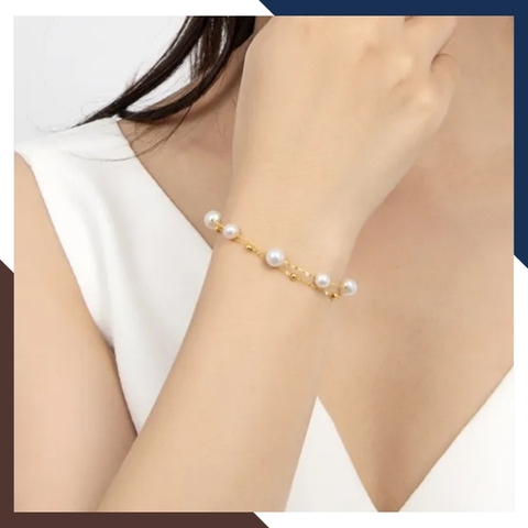 Vòng tay ngọc trai 2 vòng, lắc tay 2 dây bạc mạ vàng đính ngọc trai thật đẹp cho nữ mã 78AC240