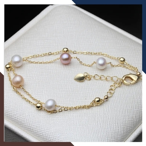 Vòng tay ngọc trai 2 vòng, lắc tay 2 dây bạc mạ vàng đính ngọc trai thật đẹp cho nữ mã 78AC240