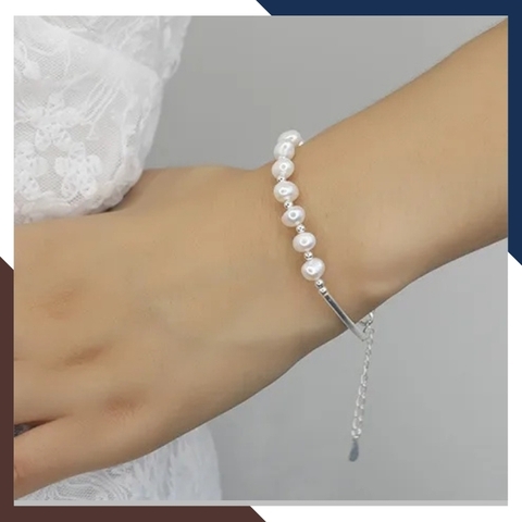 Vòng tay ngọc trai bi bạc, lắc tay ngọc trai thật nuôi nước ngọt tự nhiên mix bi bạc mã 78AC190