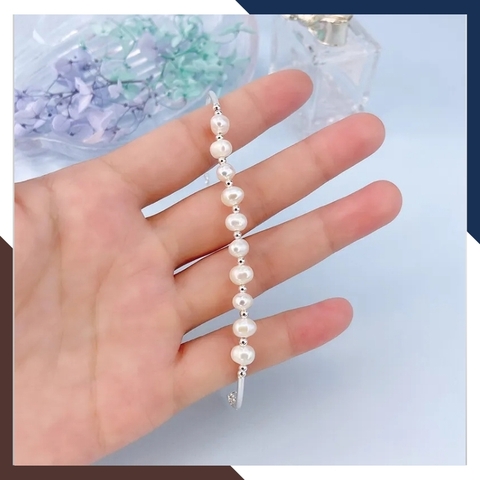 Vòng tay ngọc trai bi bạc, lắc tay ngọc trai thật nuôi nước ngọt tự nhiên mix bi bạc mã 78AC190