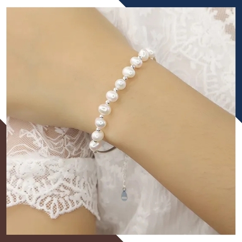 Vòng tay ngọc trai bi bạc, lắc tay ngọc trai thật nuôi nước ngọt tự nhiên mix bi bạc mã 78AC190