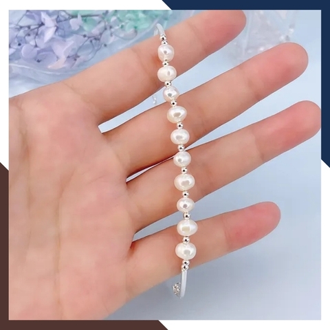 Vòng tay ngọc trai bi bạc, lắc tay ngọc trai thật nuôi nước ngọt tự nhiên mix bi bạc mã 78AC190