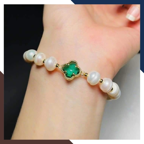 Vòng tay ngọc trai cỏ 4 lá đính đá xanh cho nữ đẹp mã 78AC220K50