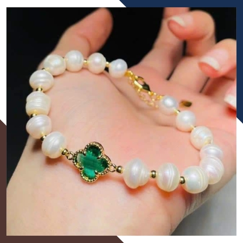 Vòng tay ngọc trai cỏ 4 lá đính đá xanh cho nữ đẹp mã 78AC220K50