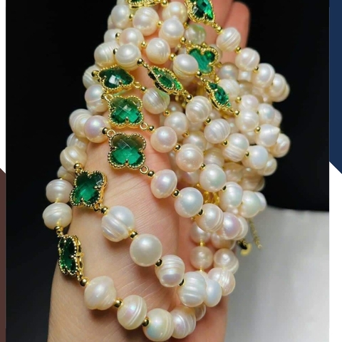 Vòng tay ngọc trai cỏ 4 lá đính đá xanh cho nữ đẹp mã 78AC220K50