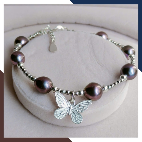 Vòng Tay Ngọc Trai Đen Ánh Tím Phối Bi & Bướm Bạc VTNT32 – Vẻ Đẹp Huyền Bí, Lôi Cuốn
