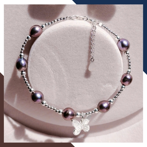 Vòng Tay Ngọc Trai Đen Ánh Tím Phối Bi & Bướm Bạc VTNT32 – Vẻ Đẹp Huyền Bí, Lôi Cuốn