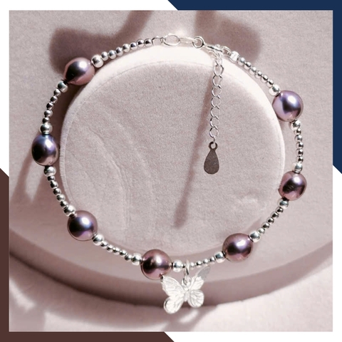 Vòng Tay Ngọc Trai Đen Ánh Tím Phối Bi & Bướm Bạc VTNT32 – Vẻ Đẹp Huyền Bí, Lôi Cuốn