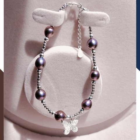 Vòng Tay Ngọc Trai Đen Ánh Tím Phối Bi & Bướm Bạc VTNT32 – Vẻ Đẹp Huyền Bí, Lôi Cuốn