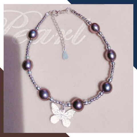Vòng Tay Ngọc Trai Đen Ánh Tím Phối Bi & Bướm Bạc VTNT32 – Vẻ Đẹp Huyền Bí, Lôi Cuốn