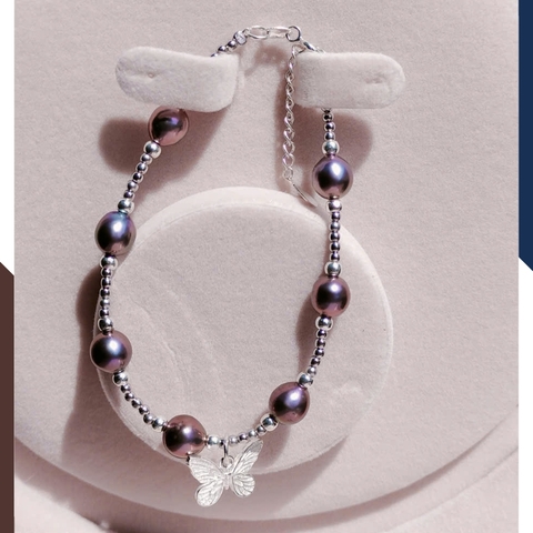 Vòng Tay Ngọc Trai Đen Ánh Tím Phối Bi & Bướm Bạc VTNT32 – Vẻ Đẹp Huyền Bí, Lôi Cuốn