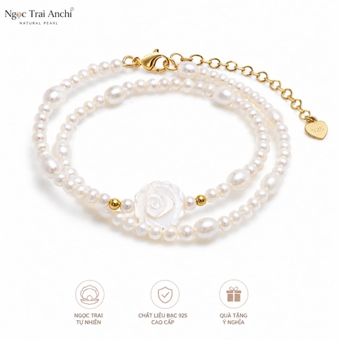Vòng Tay Ngọc Trai Đeo Quấn 2 Vòng Phối Charm Hoa Hồng Khảm Trai VTNT61 – Thanh Lịch, Nữ Tính