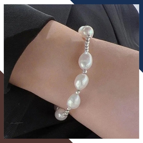 Vòng tay ngọc trai dị mix bi bạc ta, lắc tay bạc mix ngọc trai thật nuôi nước ngọt tự nhiên mã 89AC220