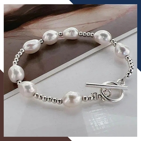 Vòng tay ngọc trai dị mix bi bạc ta, lắc tay bạc mix ngọc trai thật nuôi nước ngọt tự nhiên mã 89AC220