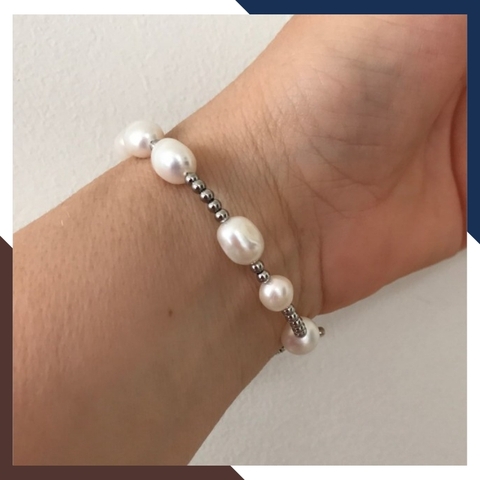 Vòng tay ngọc trai dị mix bi bạc ta, lắc tay bạc mix ngọc trai thật nuôi nước ngọt tự nhiên mã 89AC220