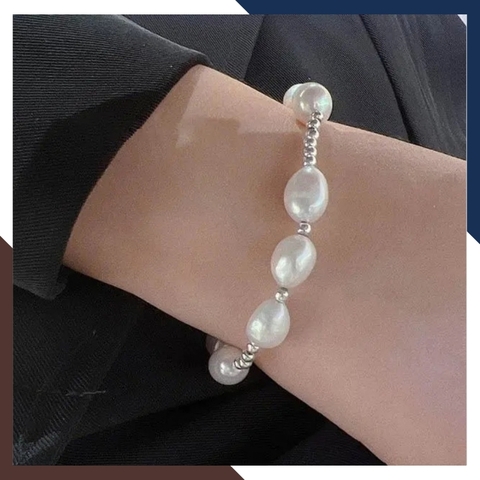 Vòng tay ngọc trai dị mix bi bạc ta, lắc tay bạc mix ngọc trai thật nuôi nước ngọt tự nhiên mã 89AC220