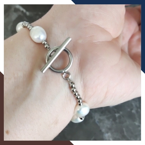 Vòng tay ngọc trai dị mix bi bạc ta, lắc tay bạc mix ngọc trai thật nuôi nước ngọt tự nhiên mã 89AC220