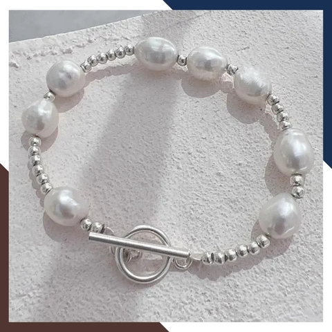Vòng tay ngọc trai dị mix bi bạc ta, lắc tay bạc mix ngọc trai thật nuôi nước ngọt tự nhiên mã 89AC220