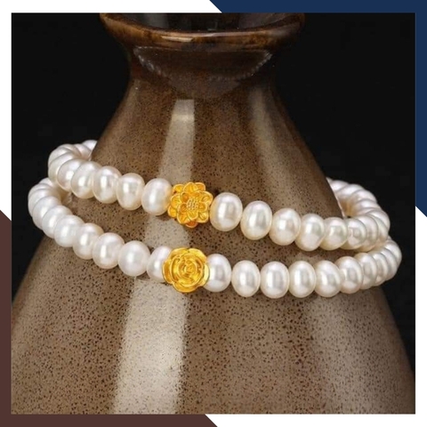 Vòng tay ngọc trai hạt nhỏ mix charm hoa hồng vàng 24k mã VTNT02