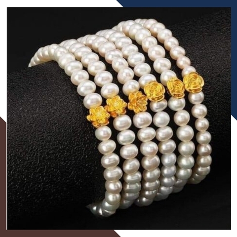 Vòng tay ngọc trai hạt nhỏ mix charm hoa hồng vàng 24k mã VTNT02