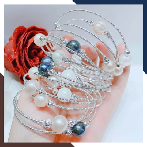 Vòng Tay Ngọc Trai Đen, Trắng, Hồng Kiểu Kiềng Bạc Sang Trọng VTNT29