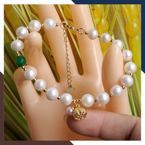 Vòng tay ngọc trai nuôi nước ngọt treo đài sen bạc mạ vàng - mẫu mới đẹp cho nữ mã 78AC250