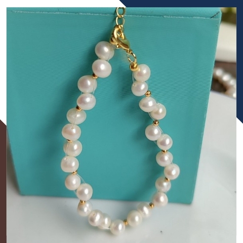 Vòng tay ngọc trai thật , lắc tay ngọc trai hạt so le phối bi bạc mã 120AC665