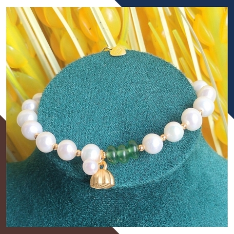 Vòng tay ngọc trai thật phối đồng điếu ngọc bích và charm đài sen bạc mạ vàng mã 78AC220