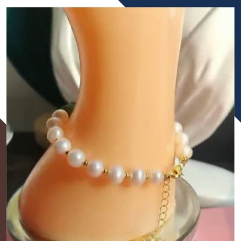 Vòng tay ngọc trai thật phối đồng điếu ngọc bích và charm đài sen bạc mạ vàng mã 78AC220